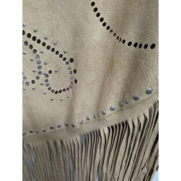 Curations Caravan Tan Faux Suede Laser Cut Fringe Wrap Shawl Studded Boho OS - Picture 7 of 16